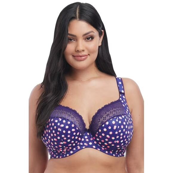 NWT Elomi Kim Underwire Stretch Lace Plunge Bra EL4340 40I Polka Dot Navy Pink - Picture 1 of 7